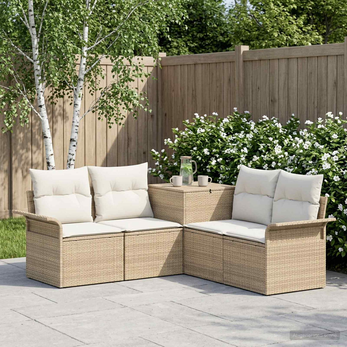 Bankstel 5 st Beige en Crème Wit Poly Rattan en Staal is nu te koop bij PeponiXL, paradijselijk wonen!