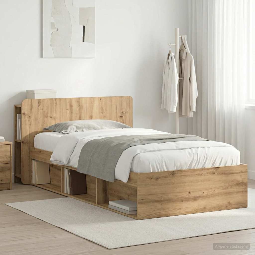 Bedframe met opslag Artisanaal eiken 100 x 200 cm Bewerkt hout is nu te koop bij PeponiXL, paradijselijk wonen!