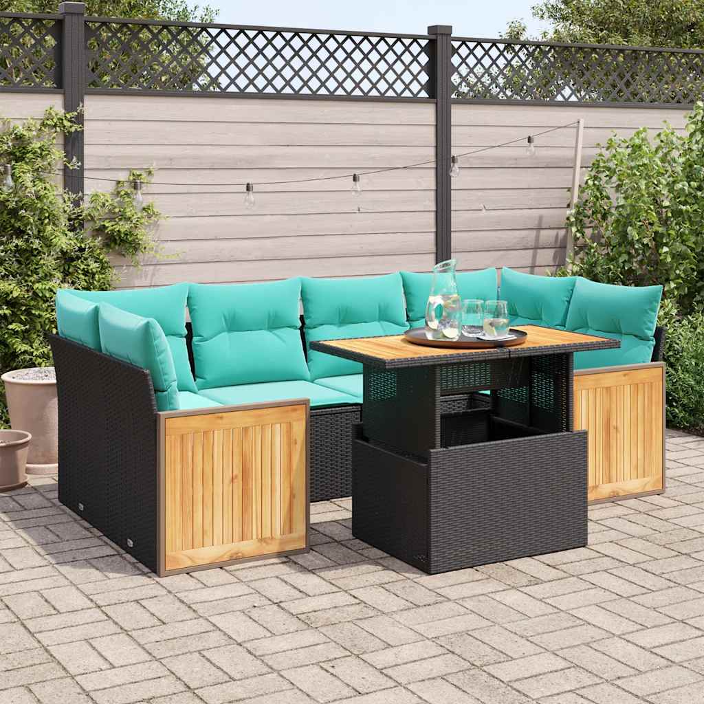 7-delige Loungeset met kussens poly rattan acacia zwart is nu te koop bij PeponiXL, paradijselijk wonen!