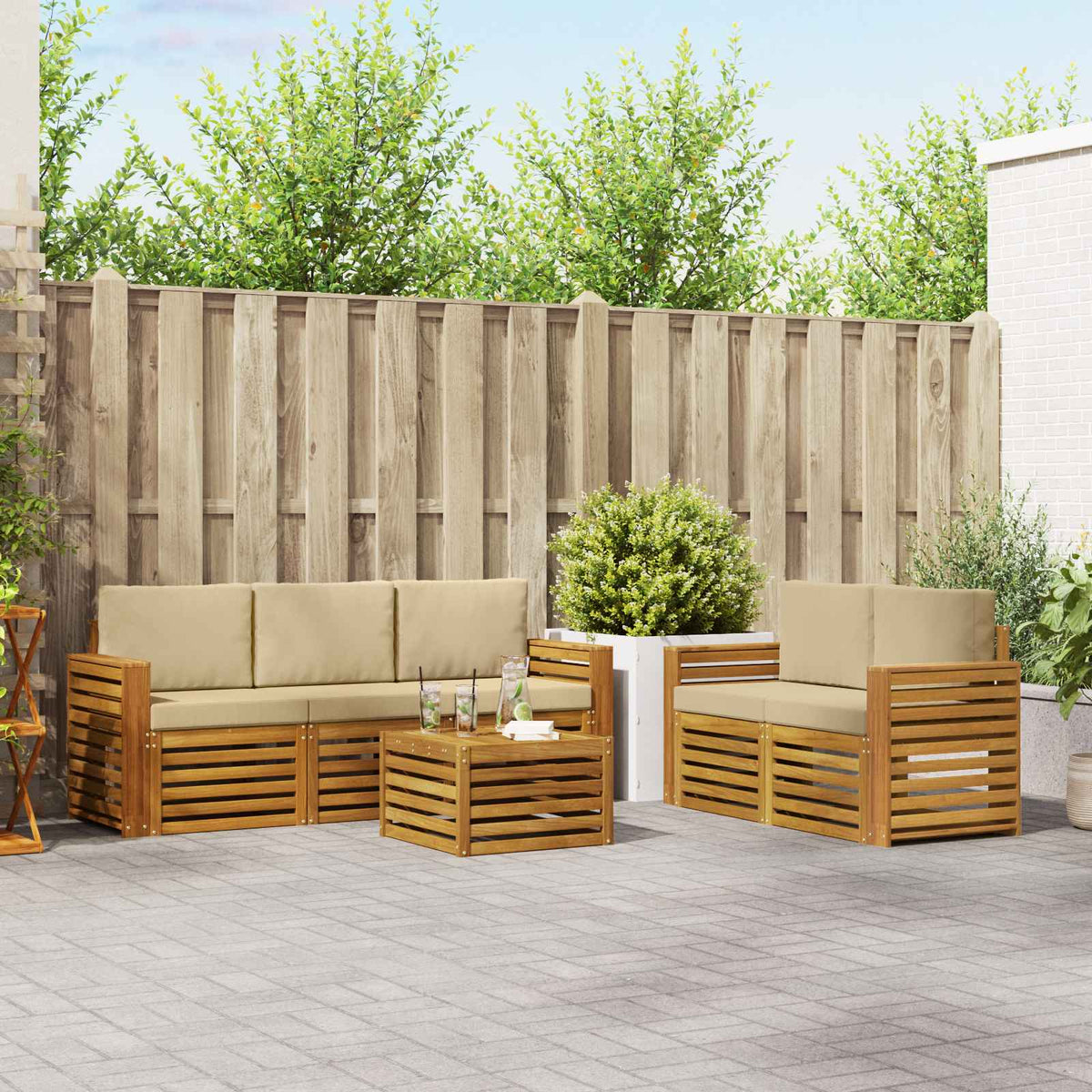 Sofa-Sets 6 pcs Natuurlijk en Beige Massief Acaciahout is nu te koop bij PeponiXL, paradijselijk wonen!
