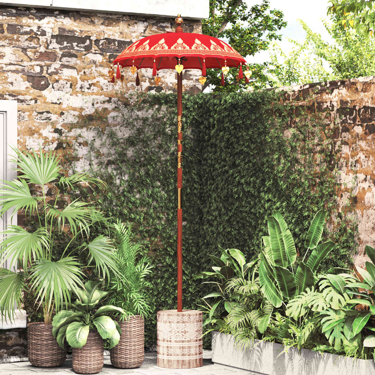 Balinese parasol met basis Rood 95 x 95 x 260 cm is nu te koop bij PeponiXL, paradijselijk wonen!