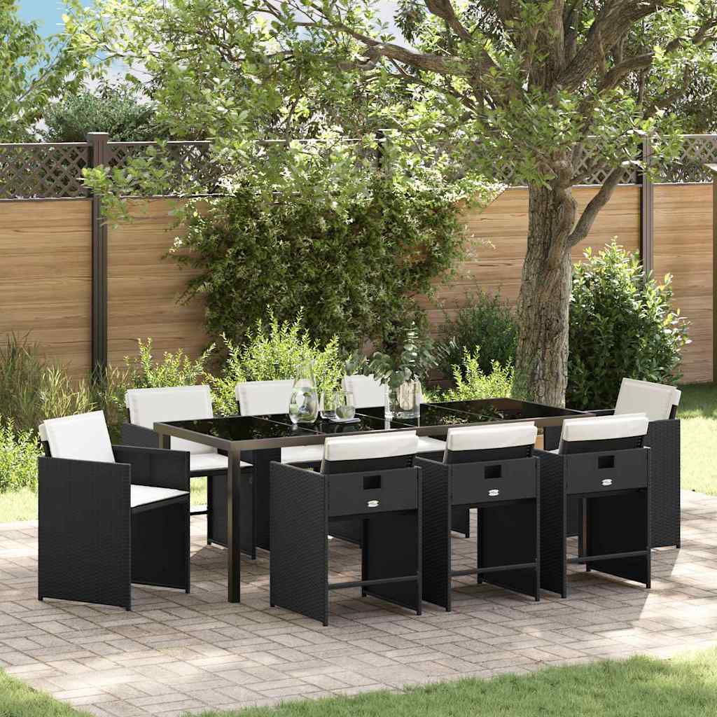 Tuin eettafelset met kussen 9 pcs Zwart poly rattan is nu te koop bij PeponiXL, paradijselijk wonen!