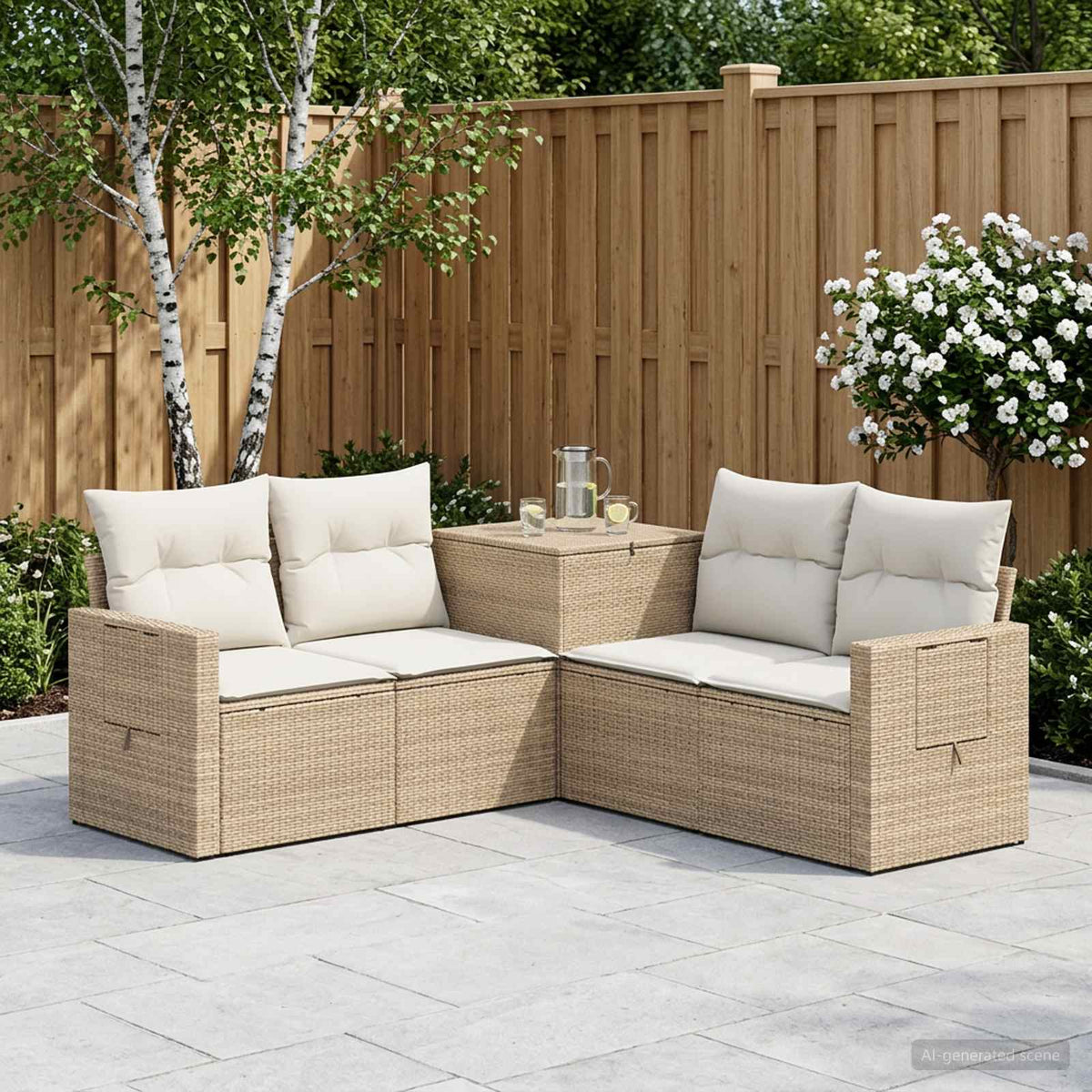 Bankstel 5 st Beige en Crème Wit Poly Rattan en Staal is nu te koop bij PeponiXL, paradijselijk wonen!