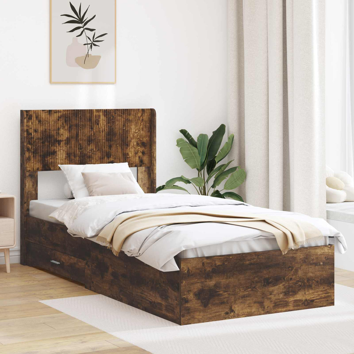 Bedframe met opbergruimte en hoofdbord Gerookt eiken is nu te koop bij PeponiXL, paradijselijk wonen!