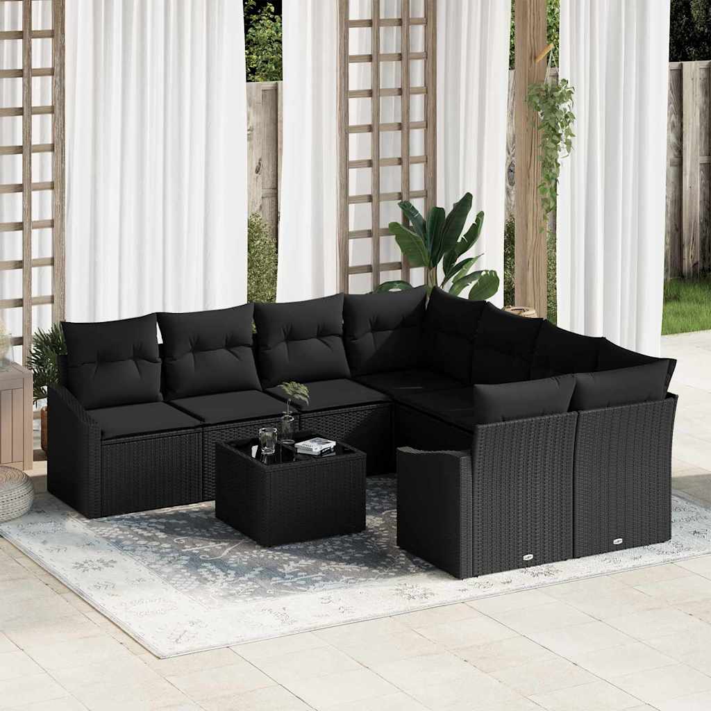 Bankstel met kussen met kussen 9 pcs Zwart poly rattan is nu te koop bij PeponiXL, paradijselijk wonen!