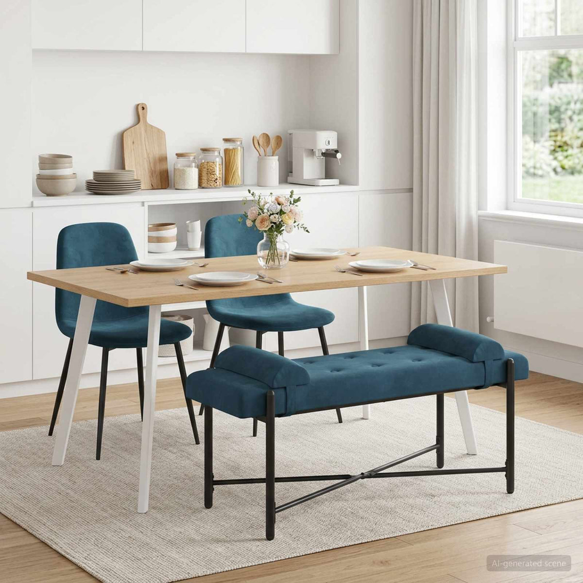 Knop-gestept Bankje met Kussens Blauw 110 x 40 x 46 cm fluweel is nu te koop bij PeponiXL, paradijselijk wonen!