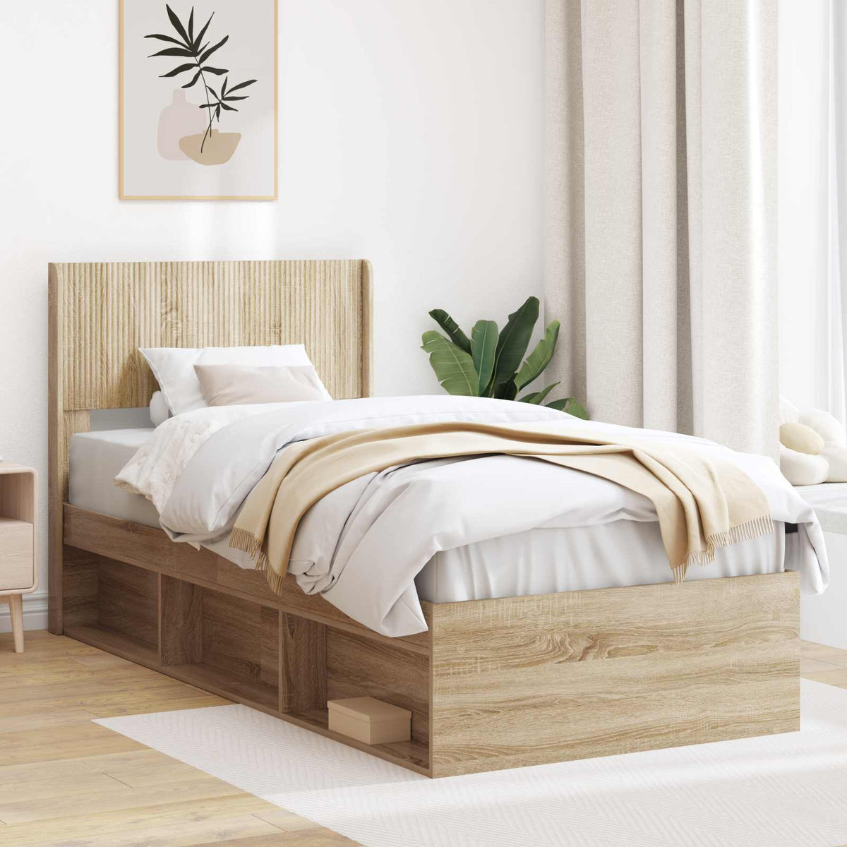 Bedframe met opbergruimte en hoofdbord Sonoma Eiken is nu te koop bij PeponiXL, paradijselijk wonen!