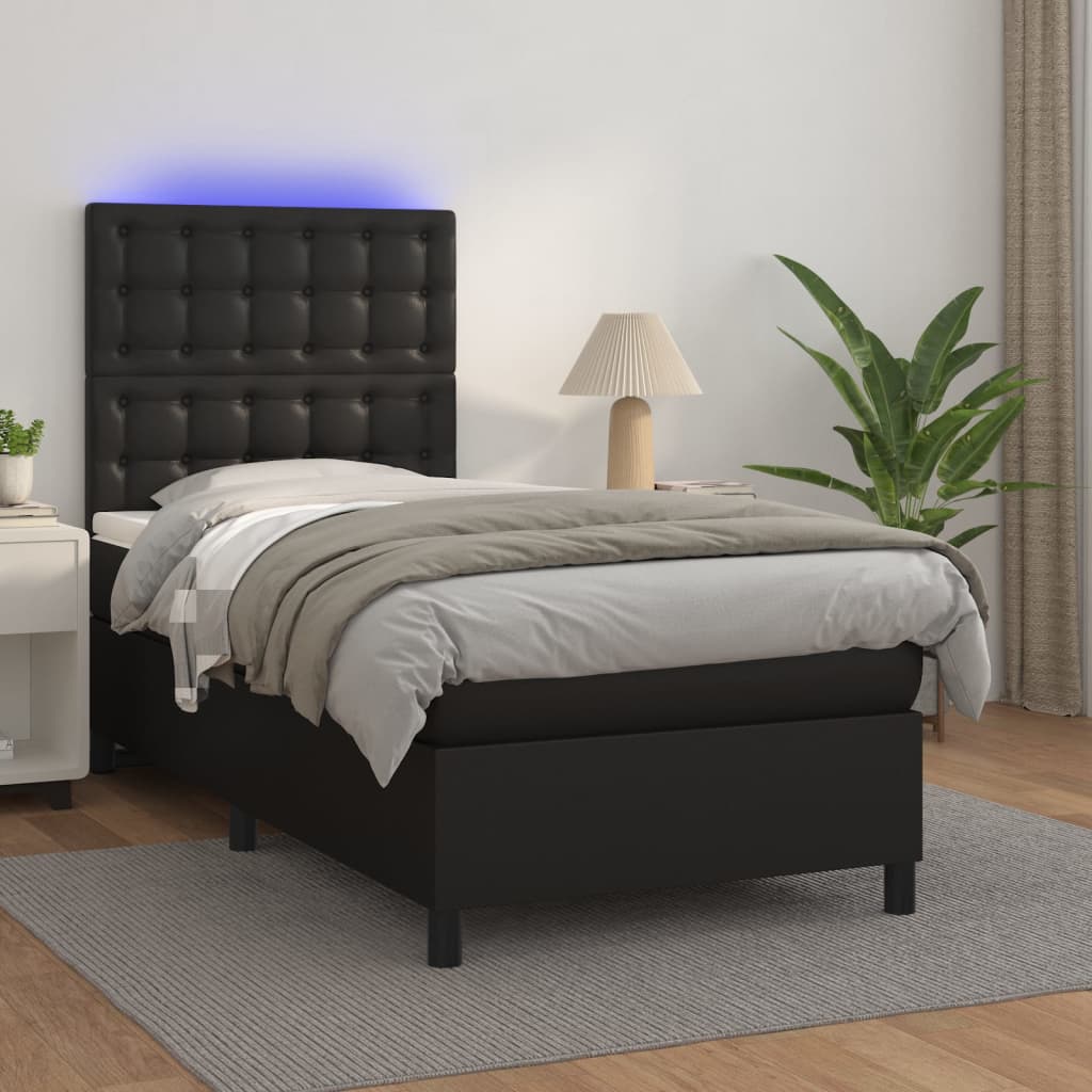 Boxspring met matras en LED kunstleer zwart 100x200 cm is nu te koop bij PeponiXL, paradijselijk wonen!