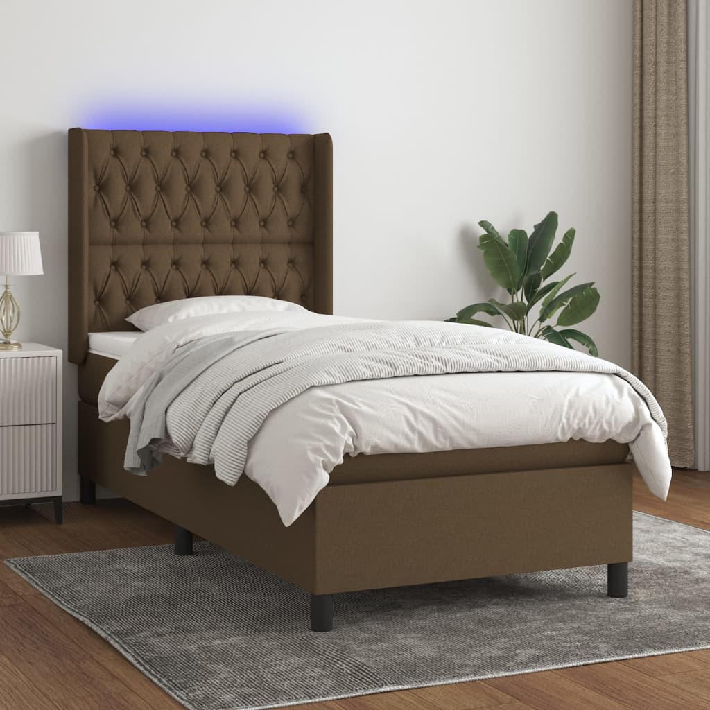 Boxspring met matras en LED stof donkerbruin 90x190 cm is nu te koop bij PeponiXL, paradijselijk wonen!