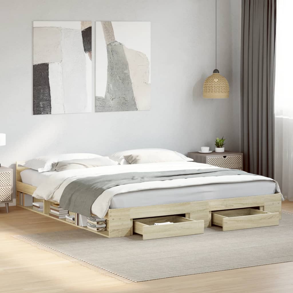 Bedframe met lades bewerkt hout sonoma eikenkleurig 200x200 cm is nu te koop bij PeponiXL, paradijselijk wonen!