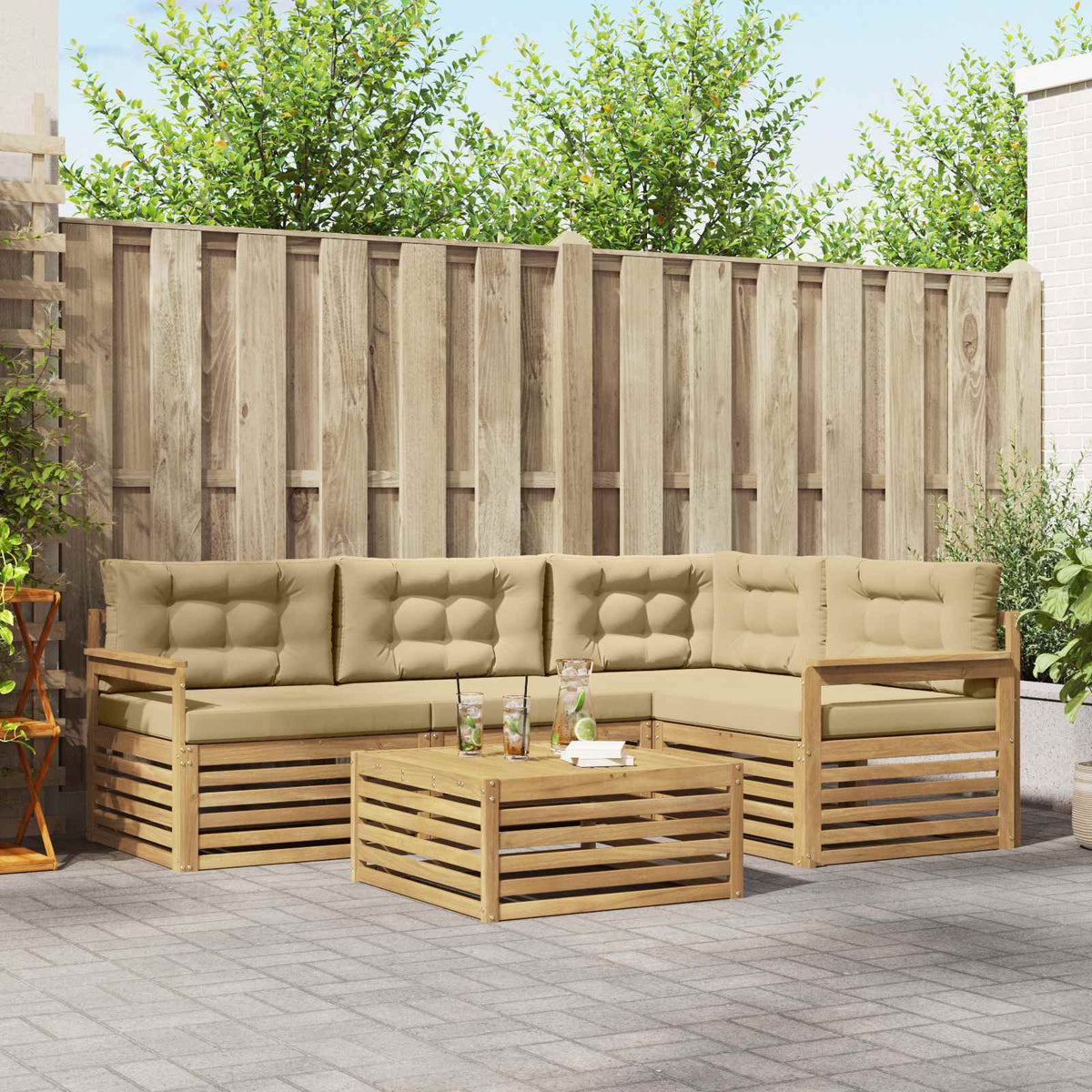 Buiten bankenset met kussen 6 pcs Wit en Beige Polyester is nu te koop bij PeponiXL, paradijselijk wonen!