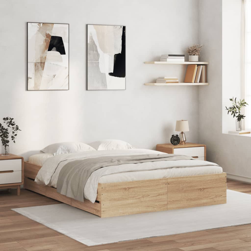 Bedframe met lades bewerkt hout sonoma eikenkleurig 140x190 cm is nu te koop bij PeponiXL, paradijselijk wonen!