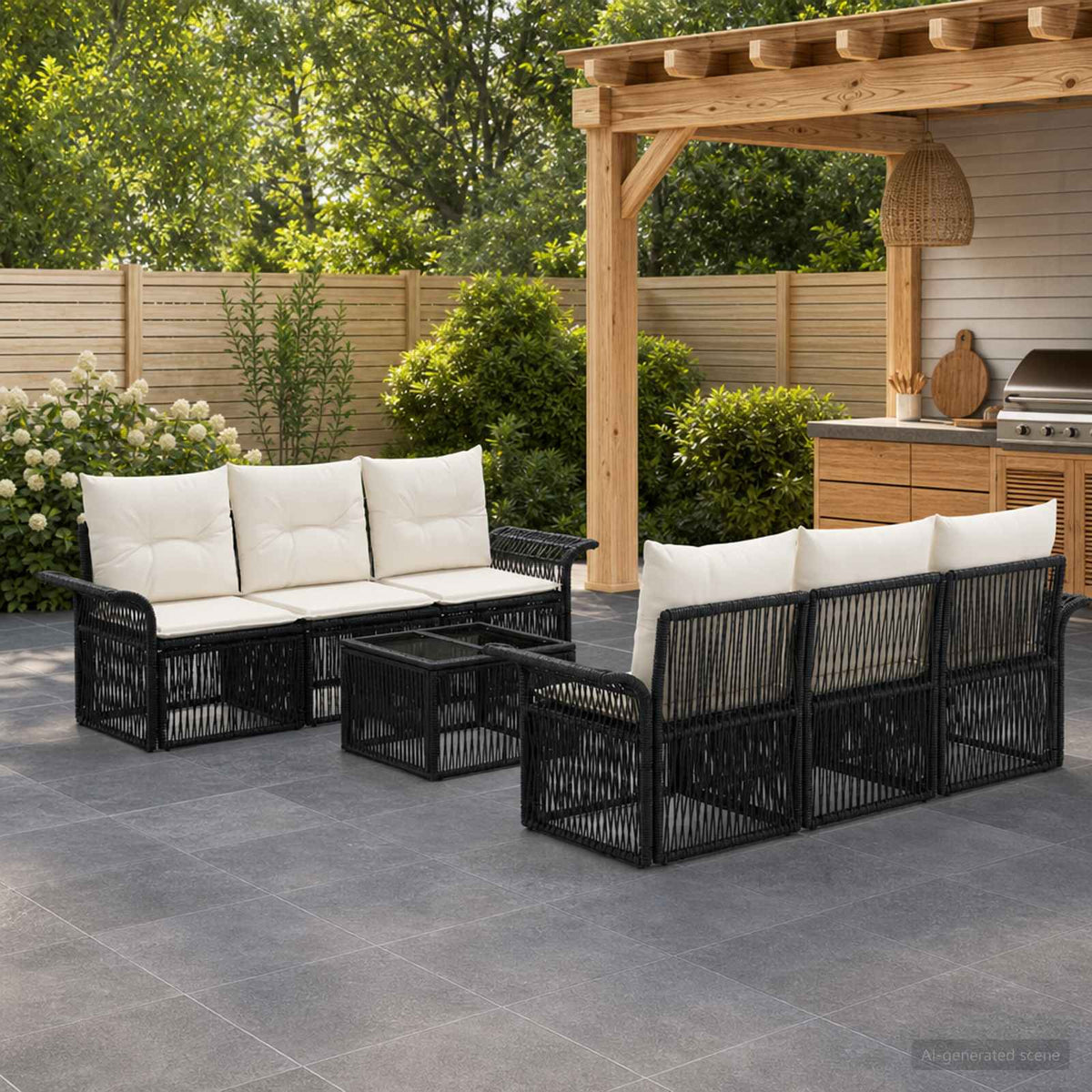 Tuinbankenset 7 st Zwart poly rattan is nu te koop bij PeponiXL, paradijselijk wonen!