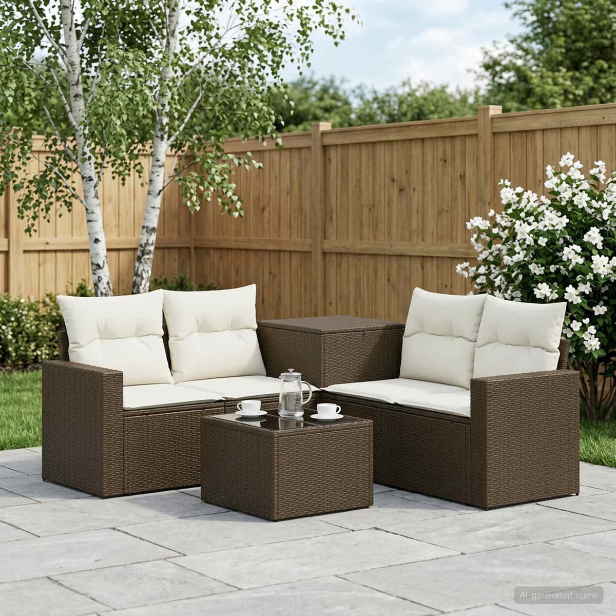 Bankstel 6 st Bruin en Crème Wit Poly Rattan en Staal is nu te koop bij PeponiXL, paradijselijk wonen!