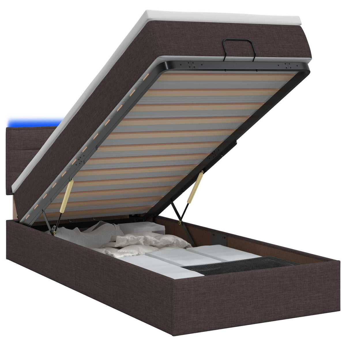 Ottoman Bed met Matrassen en LED Donkerbruin 90 x 200 cm Stof is nu te koop bij PeponiXL, paradijselijk wonen!