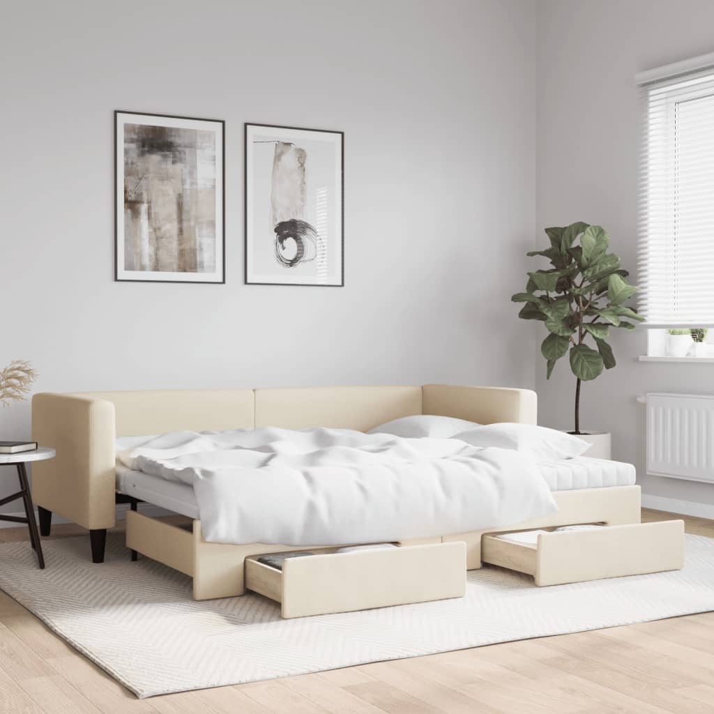 Slaapbank met onderschuifbed en lades 80x200 cm stof crèmekleur is nu te koop bij PeponiXL, paradijselijk wonen!