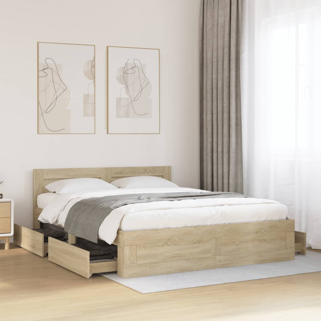 Bedframe met hoofdeinde bewerkt hout sonoma eiken 150x200 cm is nu te koop bij PeponiXL, paradijselijk wonen!