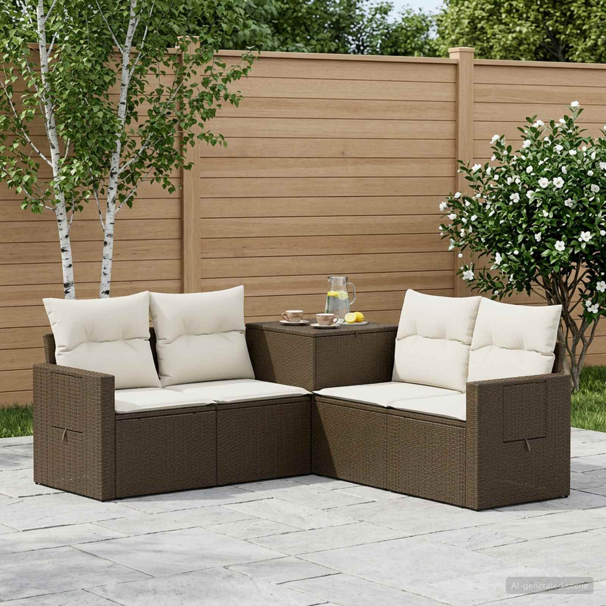 Bankstel 5 st Bruin en Crème Wit Poly Rattan en Staal is nu te koop bij PeponiXL, paradijselijk wonen!