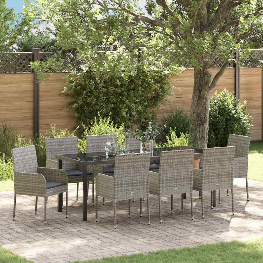 Tuin eettafelset met kussen 9 pcs Grijs poly rattan is nu te koop bij PeponiXL, paradijselijk wonen!