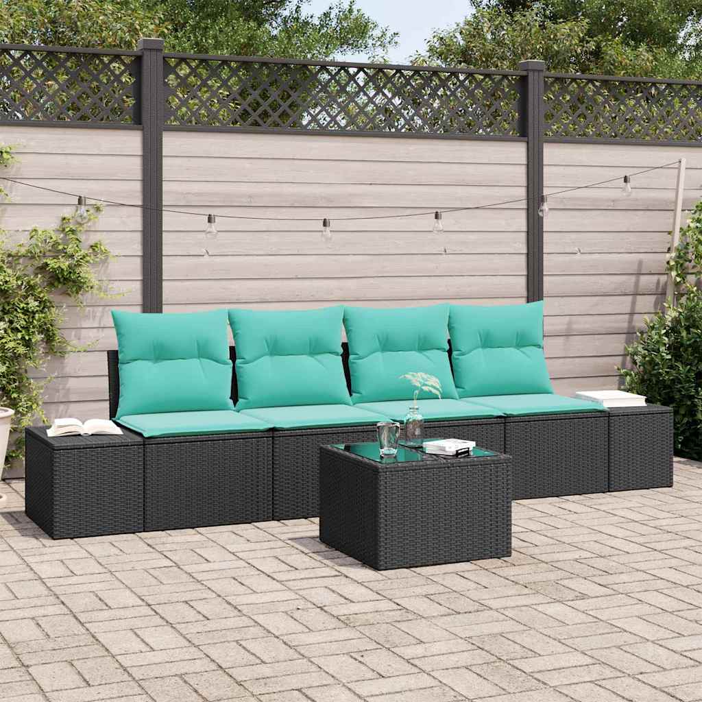 Tuin Sofa Set 5 st Zwart en Turquoise poly rattan is nu te koop bij PeponiXL, paradijselijk wonen!