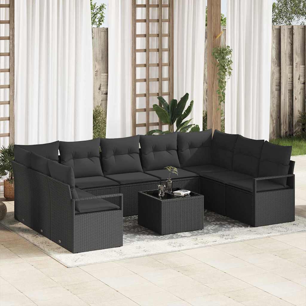 Bankstel met kussen 10 pcs Zwart poly rattan is nu te koop bij PeponiXL, paradijselijk wonen!
