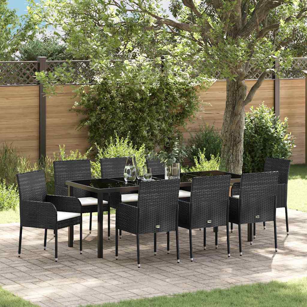Tuin eettafelset met kussen 9 pcs Zwart poly rattan is nu te koop bij PeponiXL, paradijselijk wonen!