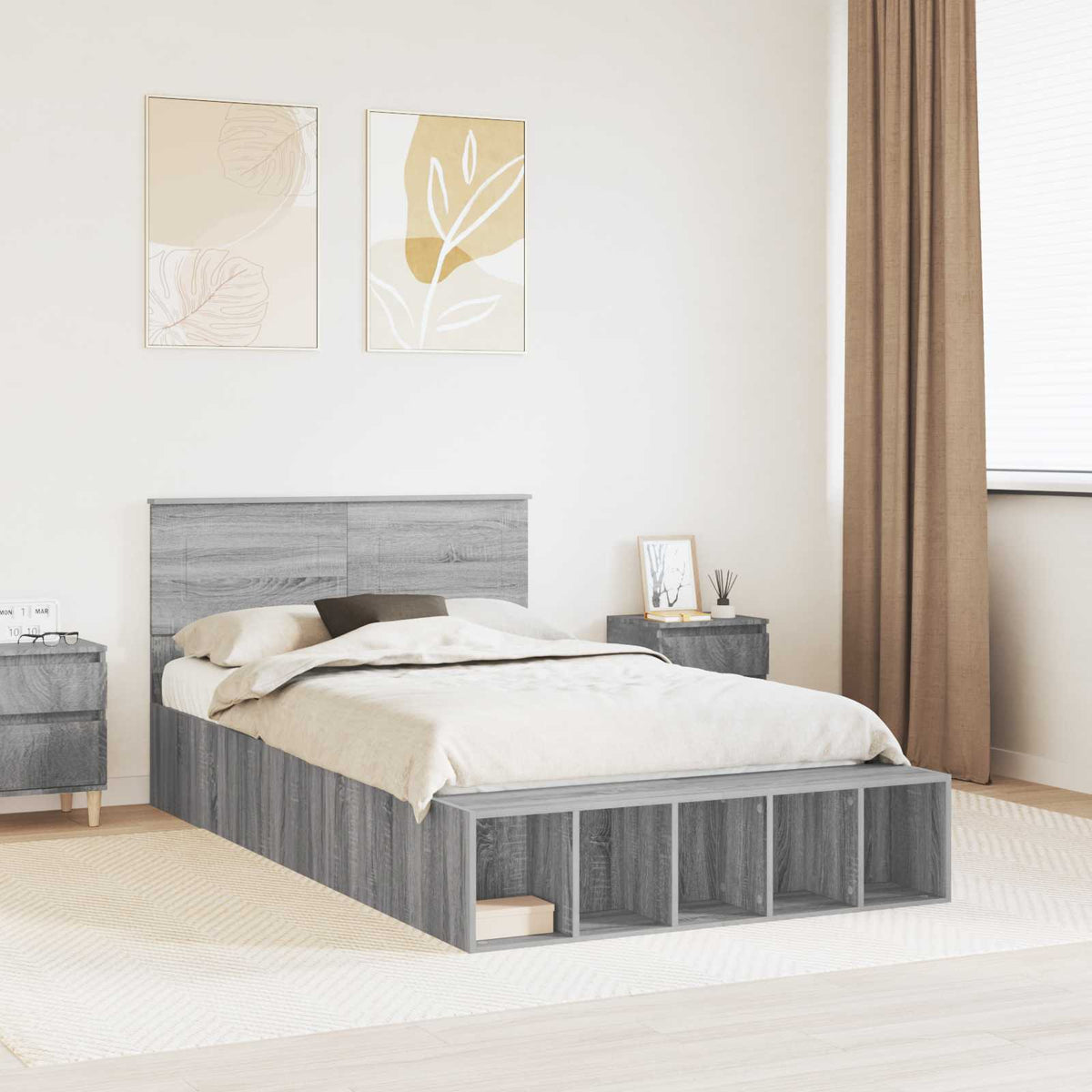 Bedframe met plank Grijs Sonoma 135 x 190 cm Bewerkt hout is nu te koop bij PeponiXL, paradijselijk wonen!