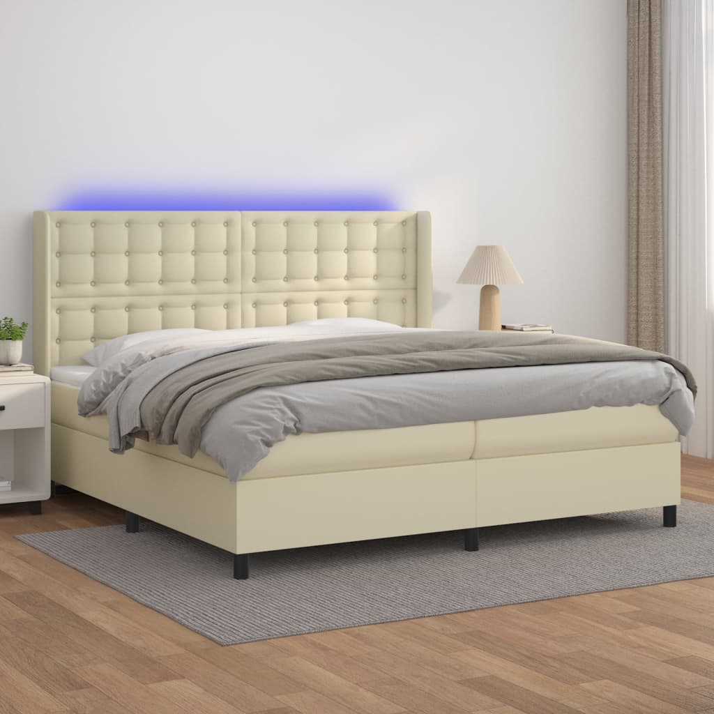 Boxspring met matras en LED kunstleer crèmekleurig 200x200 cm is nu te koop bij PeponiXL, paradijselijk wonen!