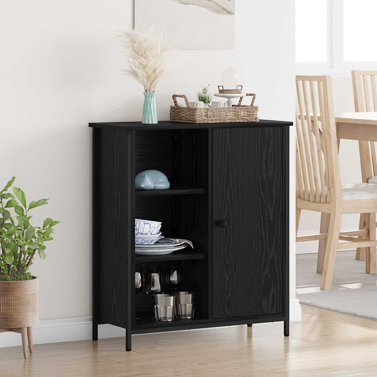 Dressoir Zwart Eiken 70 x 30 x 80 cm Bewerkt hout is nu te koop bij PeponiXL, paradijselijk wonen!