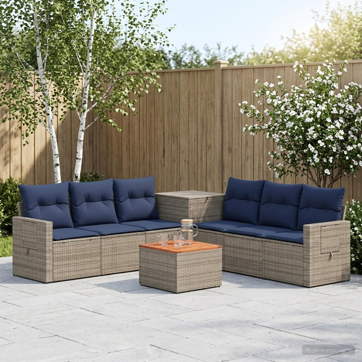 Bankstel 8 st Grijs en Marineblauw Poly Rattan en Staal is nu te koop bij PeponiXL, paradijselijk wonen!