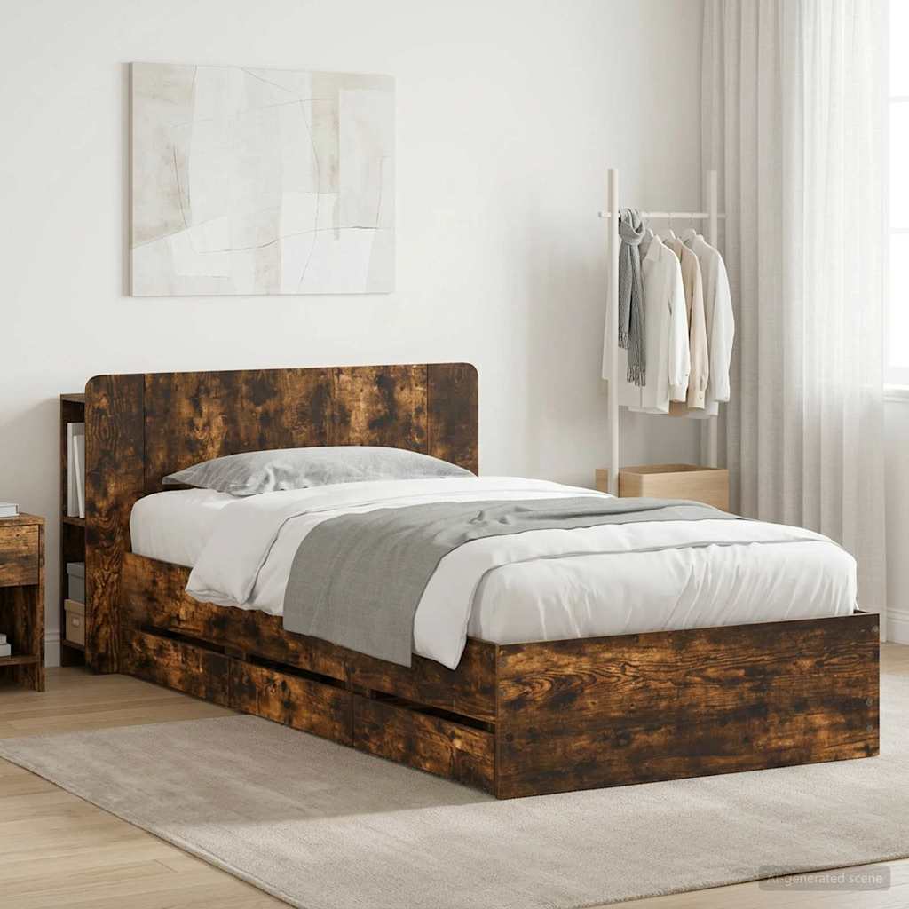 Bedframe met opslag Gerookt eiken 100 x 200 cm Bewerkt hout is nu te koop bij PeponiXL, paradijselijk wonen!