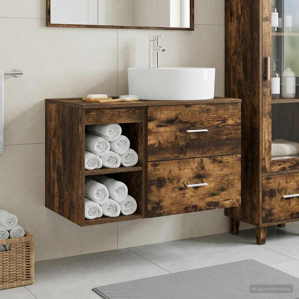 Badkamermeubelset 2 pcs Gerookt eiken Bewerkt hout is nu te koop bij PeponiXL, paradijselijk wonen!