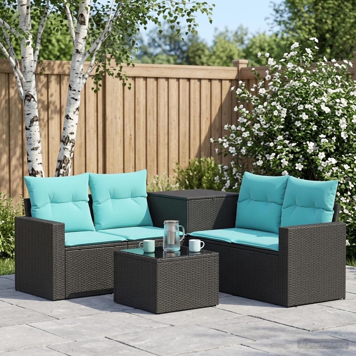 Bankstel 6 st Zwart en Blauw Poly Rattan en Staal is nu te koop bij PeponiXL, paradijselijk wonen!