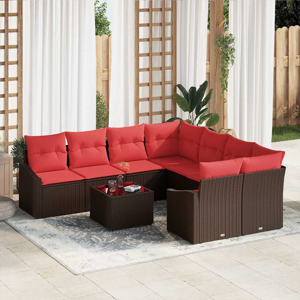 Bankstel 9 st 3-Aantal zitplaatsen Bruin en Rood poly rattan is nu te koop bij PeponiXL, paradijselijk wonen!