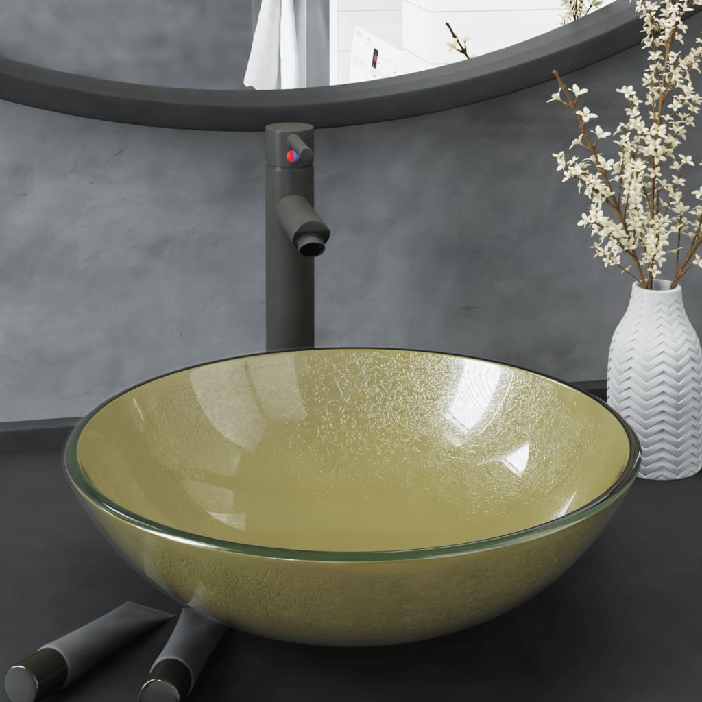 Wastafel met kraan en pop-up afvoer gehard glas goudkleurig is nu te koop bij PeponiXL, paradijselijk wonen!