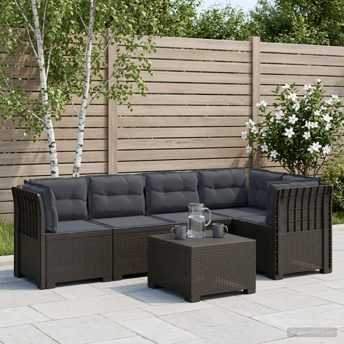 5-Zits Tuin Sofa met Kussens Rattan Look PP Lichtgrijs is nu te koop bij PeponiXL, paradijselijk wonen!