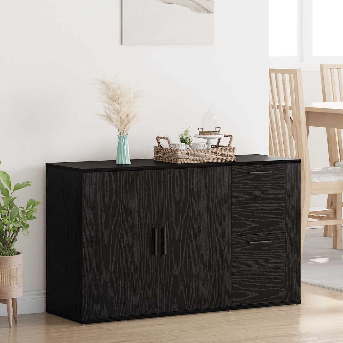 Dressoir met lade Zwart Eiken 100 x 33 x 59.5 cm Bewerkt hout is nu te koop bij PeponiXL, paradijselijk wonen!
