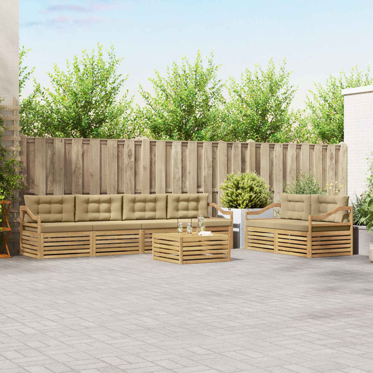 Buiten bankenset met kussen 7 pcs Wit en Beige Polyester is nu te koop bij PeponiXL, paradijselijk wonen!