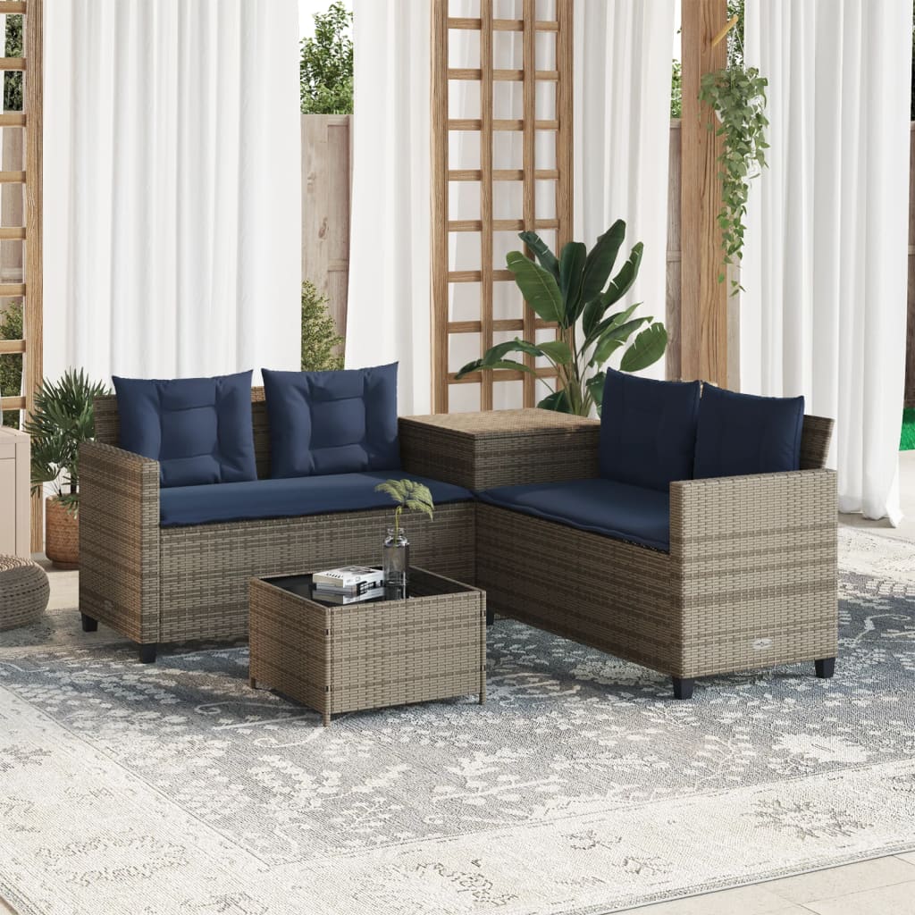 Tuinbank met tafel en kussens L-vormig grijs poly rattan is nu te koop bij PeponiXL, paradijselijk wonen!