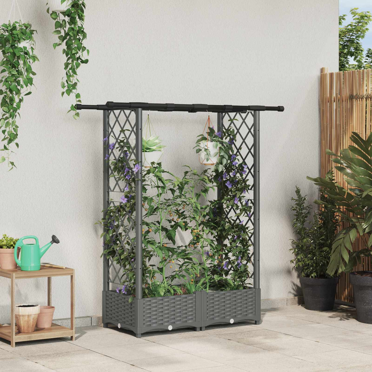 Verhoogd Bed met Trellis en Dak Lichtgrijs 122,5 x 40 x 121 cm is nu te koop bij PeponiXL, paradijselijk wonen!