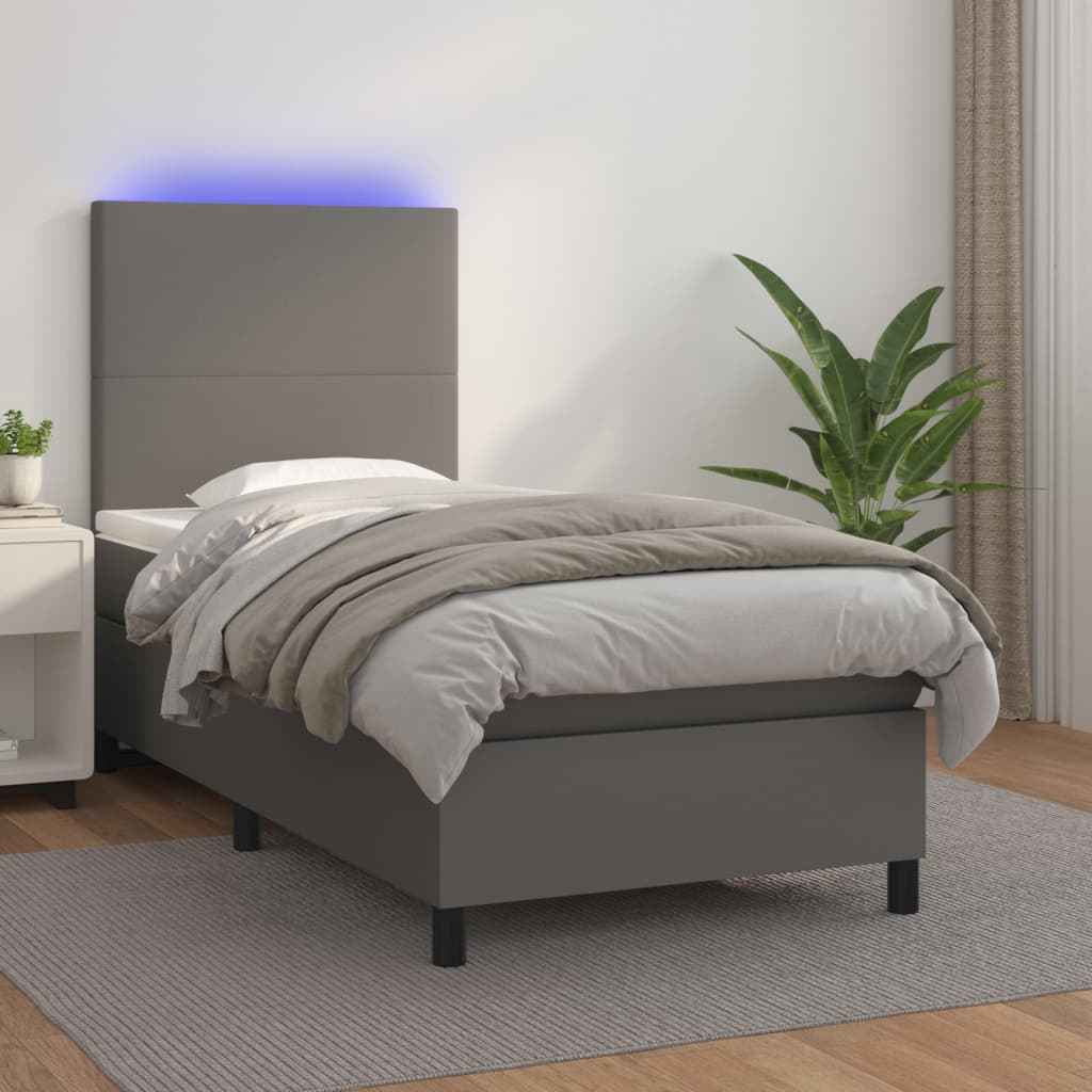 Boxspring met matras en LED kunstleer grijs 90x200 cm is nu te koop bij PeponiXL, paradijselijk wonen!