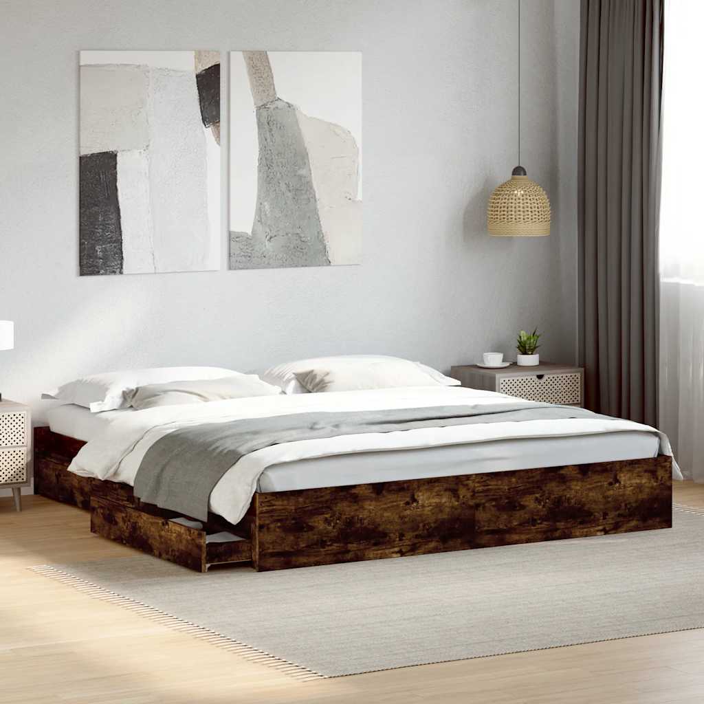 Bedframe met lades bewerkt hout gerookt eikenkleurig 180x200 cm is nu te koop bij PeponiXL, paradijselijk wonen!