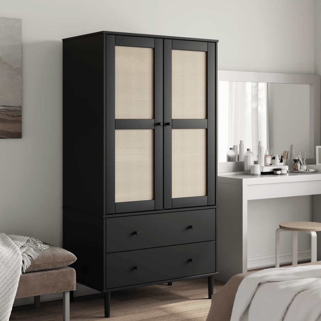 Kledingkast SENJA 90x55x175 cm rattan look grenenhout zwart is nu te koop bij PeponiXL, paradijselijk wonen!