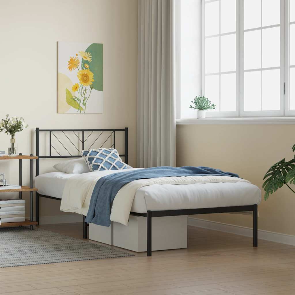 Bedframe met hoofdbord metaal zwart 107x203 cm is nu te koop bij PeponiXL, paradijselijk wonen!