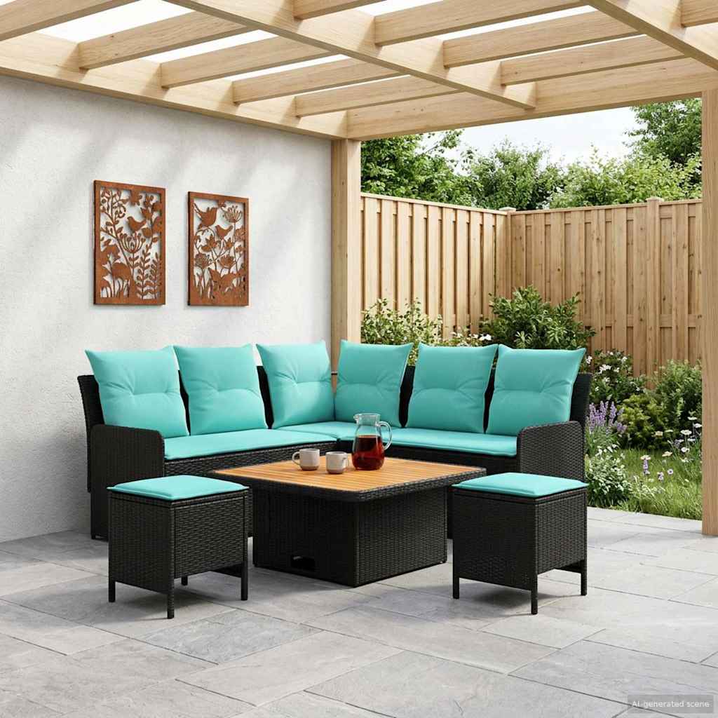 Meubelsets met kussen 6 pcs Zwart en Turquoise PE Rattan is nu te koop bij PeponiXL, paradijselijk wonen!