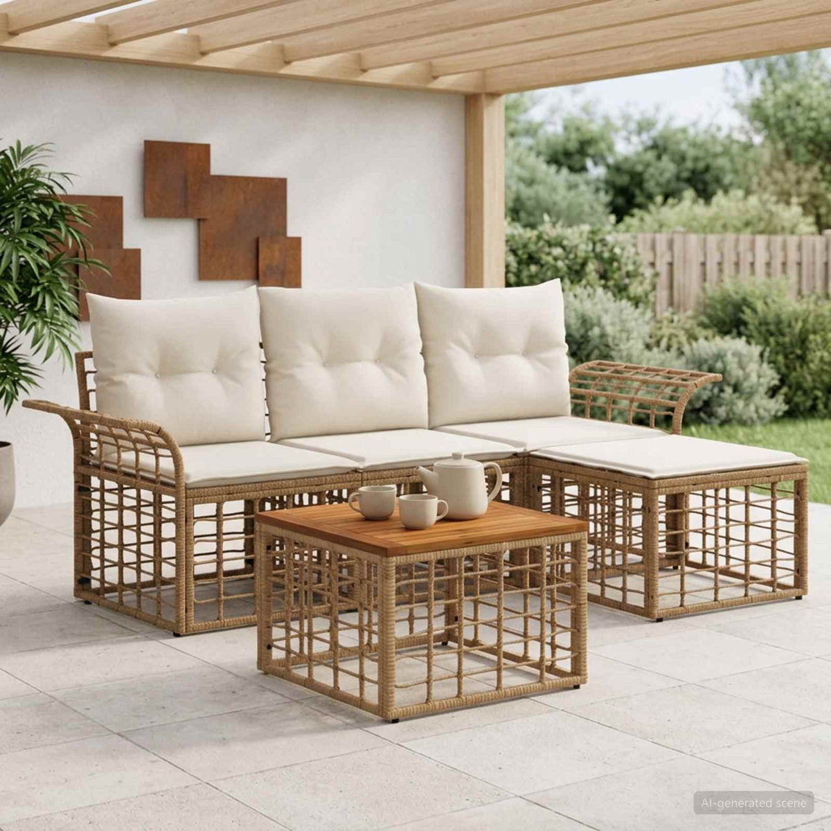 Buiten bankenset 5 pcs Natuurlijk en Crème Wit Polyester is nu te koop bij PeponiXL, paradijselijk wonen!