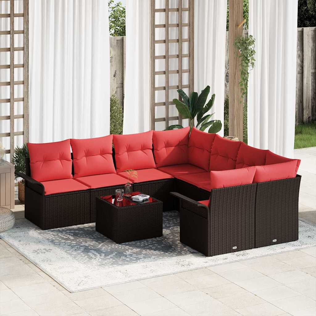 Tuin Sofa Set met kussen 9 pcs Bruin en Rood poly rattan is nu te koop bij PeponiXL, paradijselijk wonen!