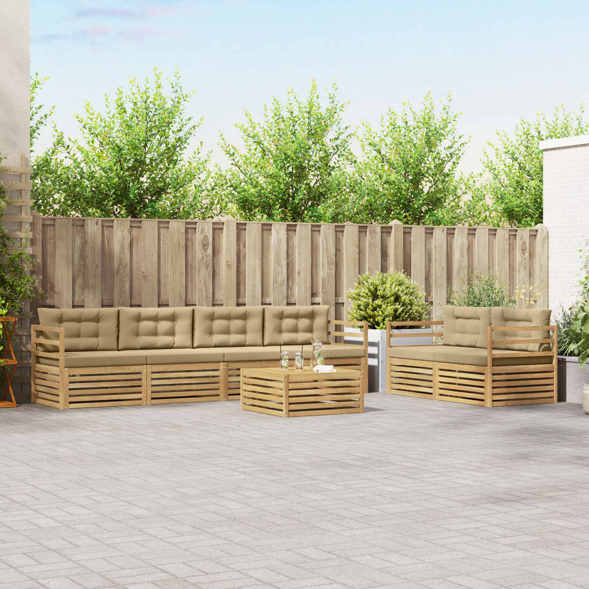 Buiten bankenset met kussen 7 pcs Wit en Beige Polyester is nu te koop bij PeponiXL, paradijselijk wonen!