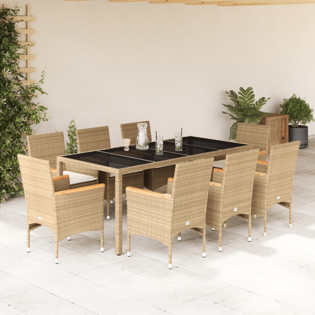 9-delige Tuinset met kussens poly rattan en glas beige is nu te koop bij PeponiXL, paradijselijk wonen!