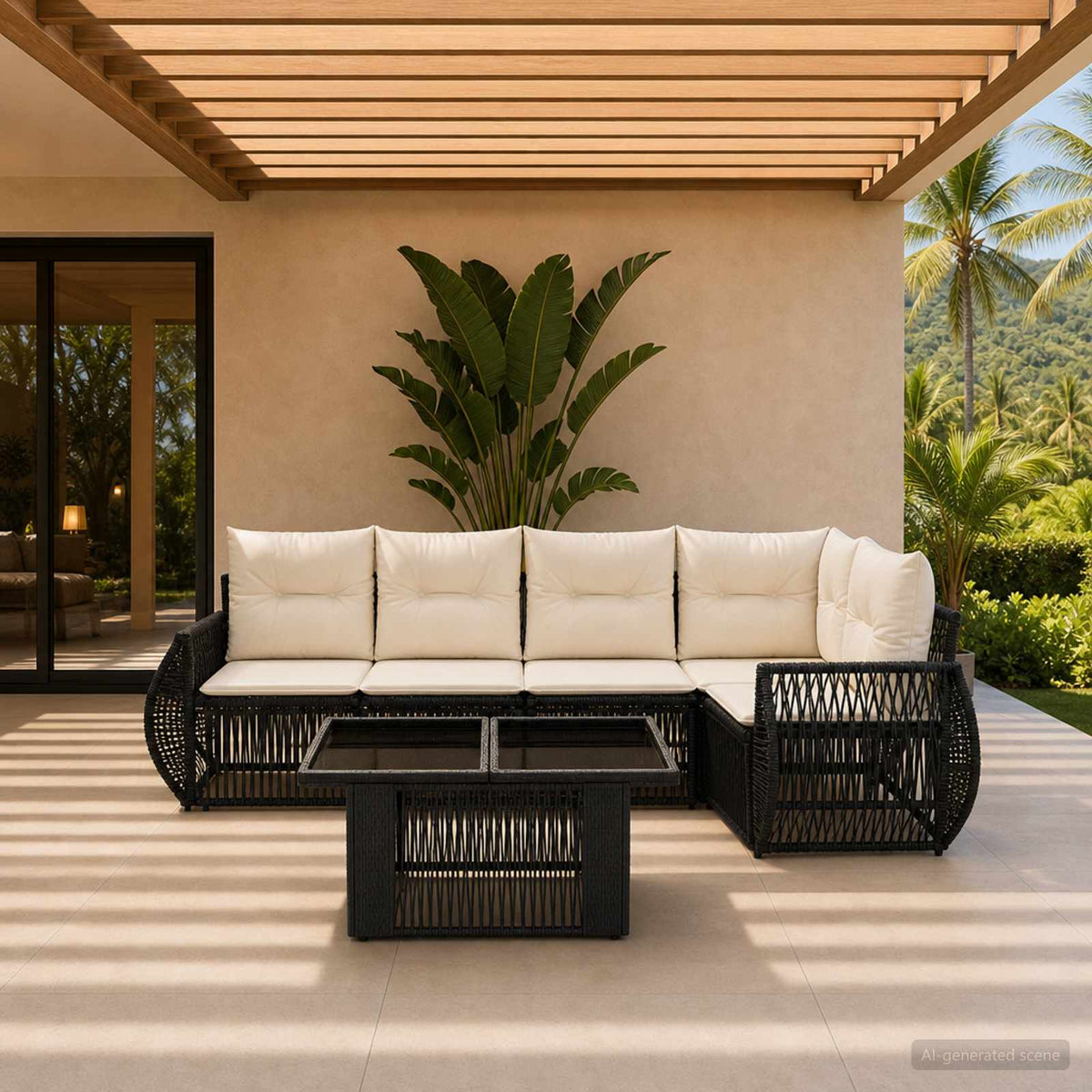 Tuinbankenset 6 st Zwart en Cream Wit poly rattan is nu te koop bij PeponiXL, paradijselijk wonen!